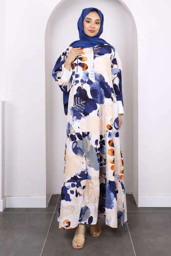 Lacivert Desenli Yarım Düğmeli Elbise