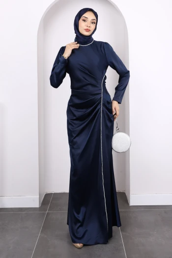 Lacivert Önü Drapeli Taşlı Saten Abiye