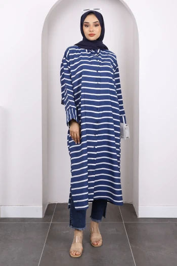 Lacivert Yarasa Kol Çizgili Modal Tunik