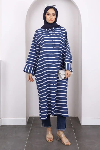 Lacivert Yarasa Kol Çizgili Modal Tunik