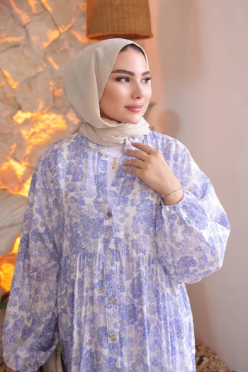 Lila Yarım Düğmeli Eteği Katlı Elbise