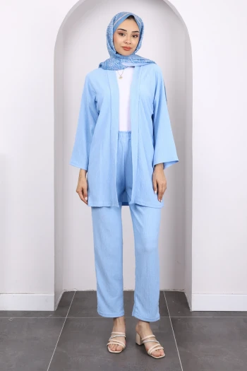 Mavi Bürümcük Kimono Pantolon Takım