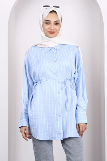 Mavi Çizgili Ön Düğmeli Tunik