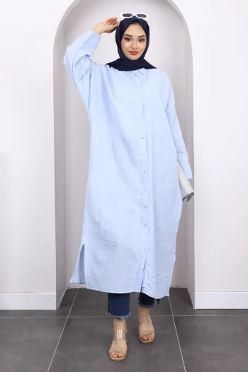 Mavi Düğmeli Müslin Tunik