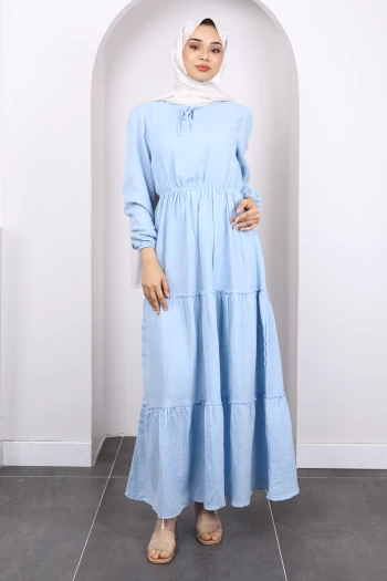 Mavi Yaka Bağlamalı Eteği Katlı Muslin Elbise