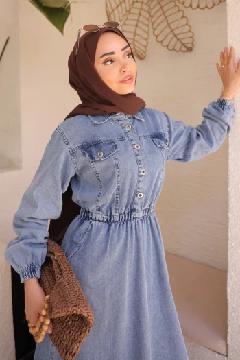 Mavi Yaka Düğmeli Bel Lastikli Kot Elbise