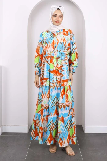 Mavi Yarım Düğmeli Eteği Katlı Desenli Elbise