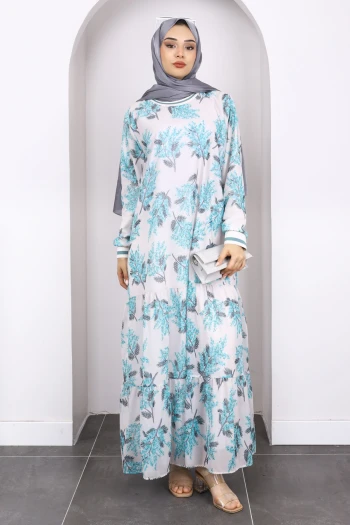 Mint Desenli Şifon Elbise