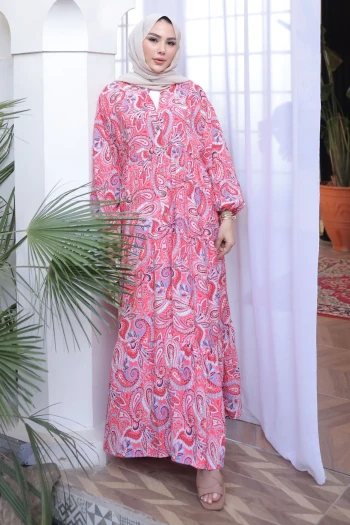 Nar Çiçeği Yarım Düğmeli Eteği Katlı Elbise