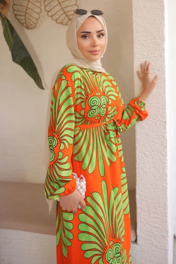 Oranj Desenli Eteği Katlı Viscon Elbise