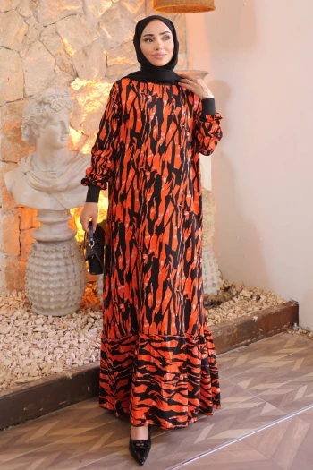 Oranj Desenli Eteği Katlı Viscon Elbise