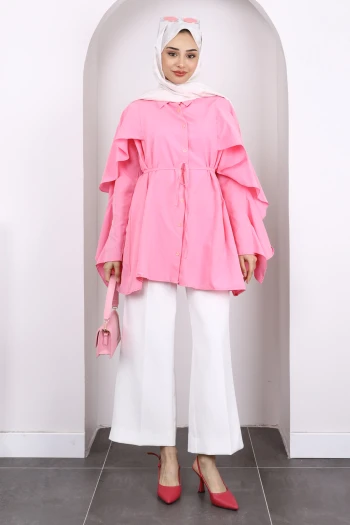 Pembe Beli İpli Volanlı Tunik
