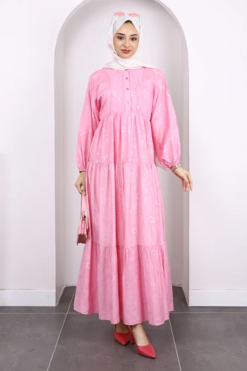 Pembe Desenli Yarım Düğmeli Kol Lastikli Elbise