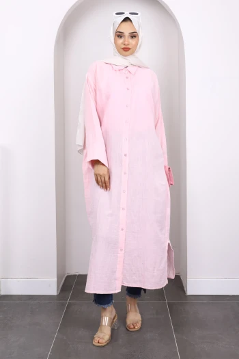 Pembe Düğmeli Müslin Tunik