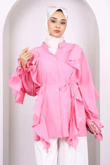 Pembe Kol Fırfırlı Düğmeli Tunik