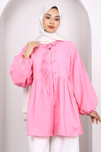 Pembe Kol Lastikli Ön Düğmeli Tunik