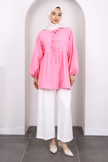 Pembe Kol Lastikli Ön Düğmeli Tunik