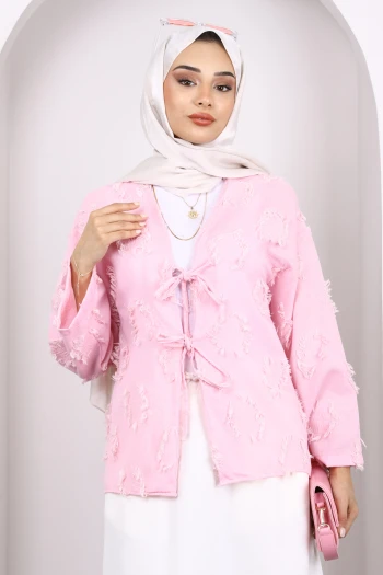 Pembe Ön Bağlamalı Püsküllü Kimono