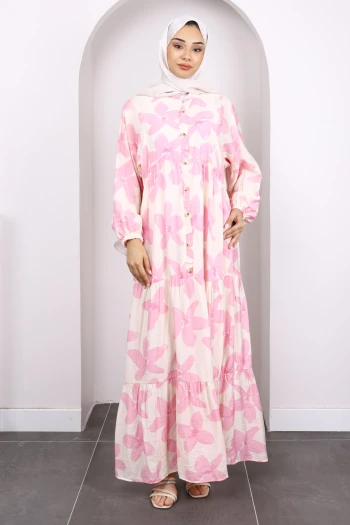 Pembe Yarım Düğmeli Eteği Katlı Desenli Elbise