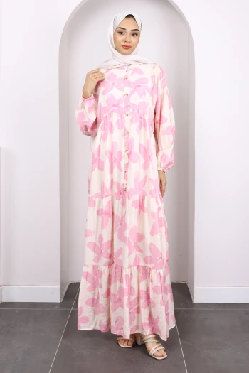Pembe Yarım Düğmeli Eteği Katlı Desenli Elbise