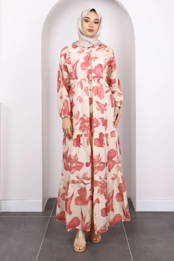 Pudra Yarım Düğmeli Eteği Katlı Desenli Elbise