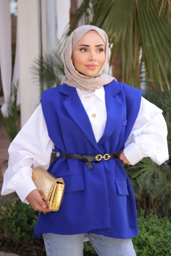 Saks Mavi Bel Kemerli Yelek