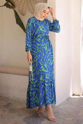 Saks Mavi Desenli Eteği Katlı Viscon Elbise