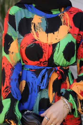 Saks Mavi Desenli Eteği Katlı Viscon Elbise