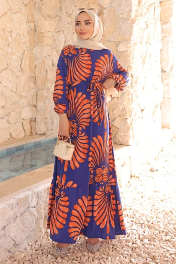 Saks Mavi Desenli Eteği Katlı Viscon Elbise