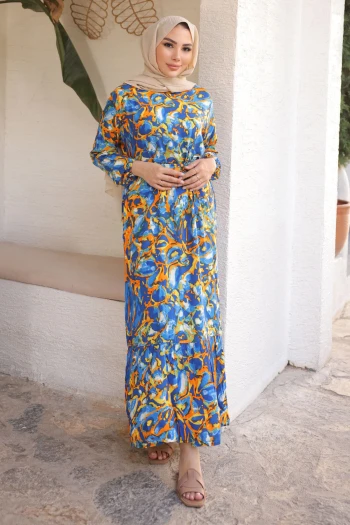 Saks Mavi Desenli Eteği Katlı Viscon Elbise