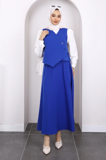 Saks Mavi Gömlek Yelek Etekli 3'Lü Kombin Takım