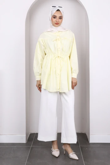 Sarı Bel Lastikli Düğmeli Tunik