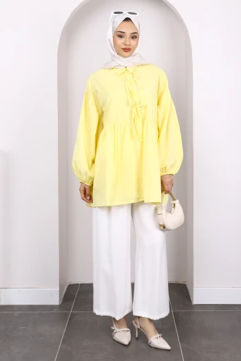 Sarı Kol Lastikli Ön Düğmeli Tunik