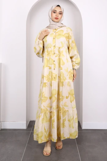 Sarı Yarım Düğmeli Eteği Katlı Desenli Elbise