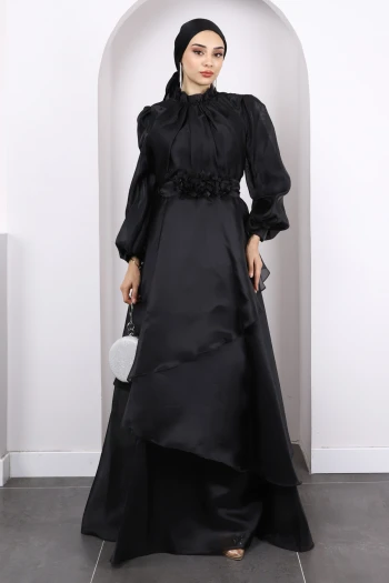 Siyah Balon Kol Katlı Abiye