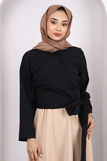 Siyah Bel Bağlamalı Crop Gömlek