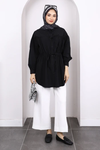 Siyah Bel Lastikli Düğmeli Tunik