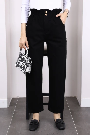 Siyah Bel Lastikli Mom Jeans Pantolon