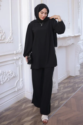 Siyah Bürümcük Tunik Pantolonlu Takım