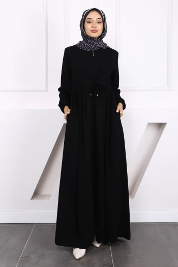 Siyah Büzgülü Kol Lastikli Ferace