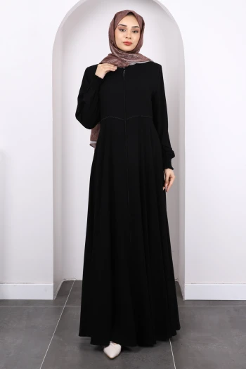 Siyah Kol Gipeli Fermuarlı Ferace