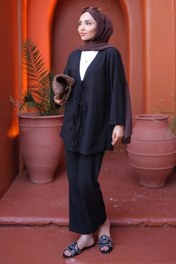 Siyah Ön Bağlamalı Bürümcük Kimono Pantolonlu Takım