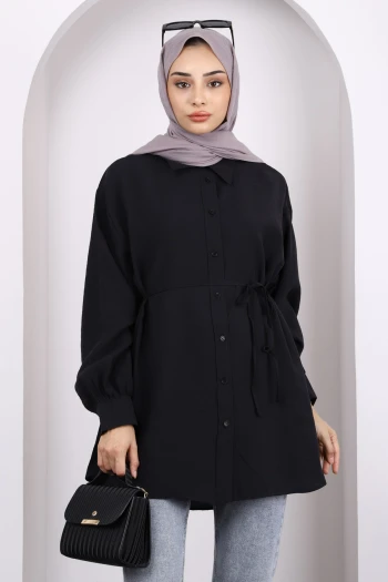 Siyah Ön Düğmeli Modal Tunik