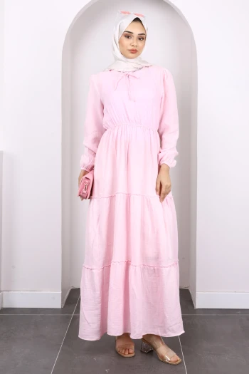 Toz Pembe Yaka Bağlamalı Eteği Katlı Muslin Elbise
