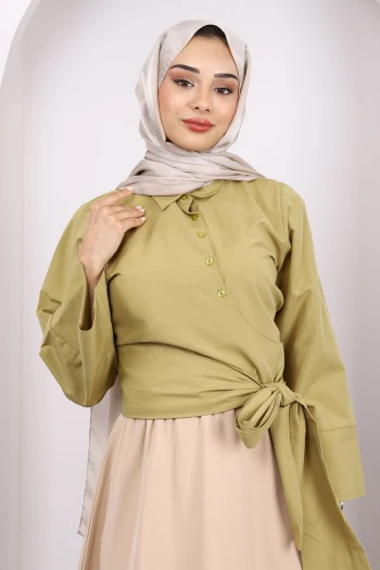 Yağ Yeşili Bel Bağlamalı Crop Gömlek