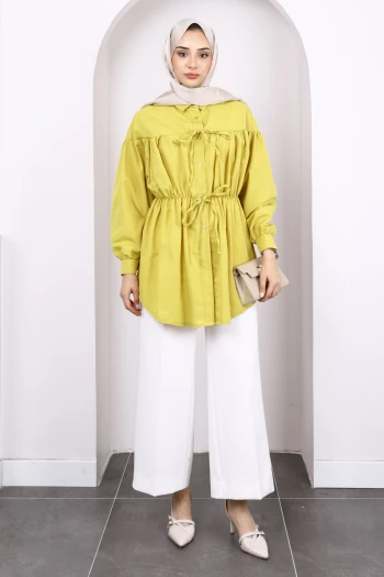 Yağ Yeşili Bel Lastikli Düğmeli Tunik
