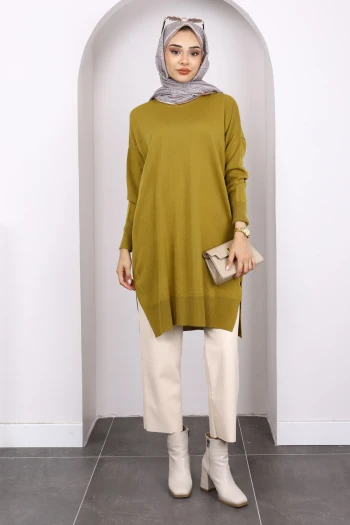 Yağ Yeşili Mevsimlik Merserize Salaş Triko Tunik