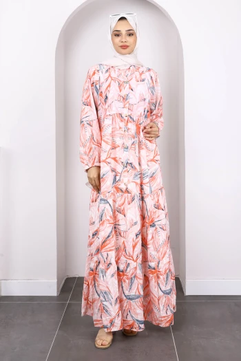 Yavruağzı Yarım Düğmeli Eteği Katlı Desenli Elbise