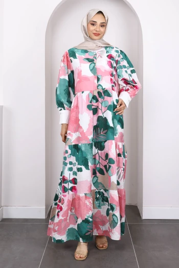 Yeşil Desenli Yarım Düğmeli Elbise