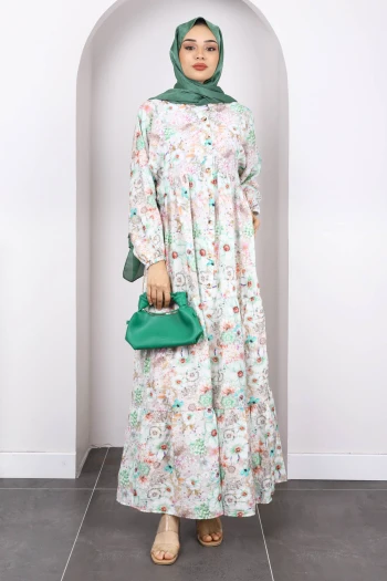 Yeşil Yarım Düğmeli Eteği Katlı Çiçek Desenli Elbise